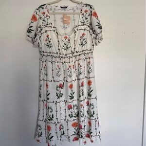 Floral White & Orange Short-Sleeve Midi Dress